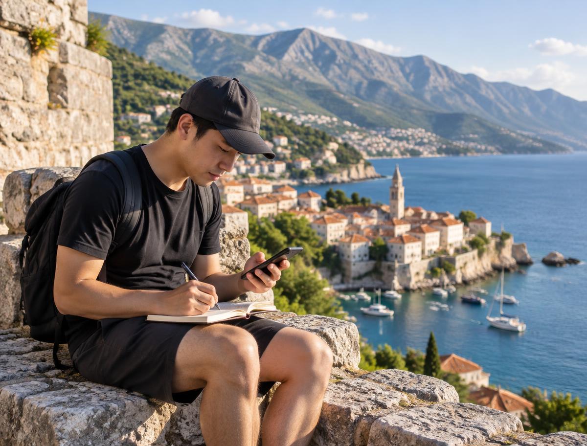 A travel researcher checking details and taking notes above a coastal town