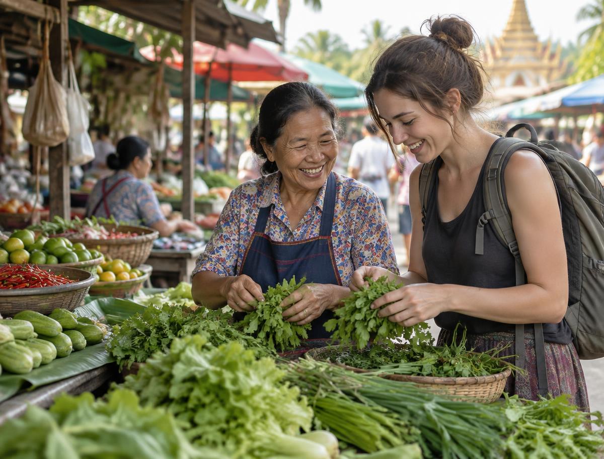 A local market vendor sharing her knowledge with a traveler
