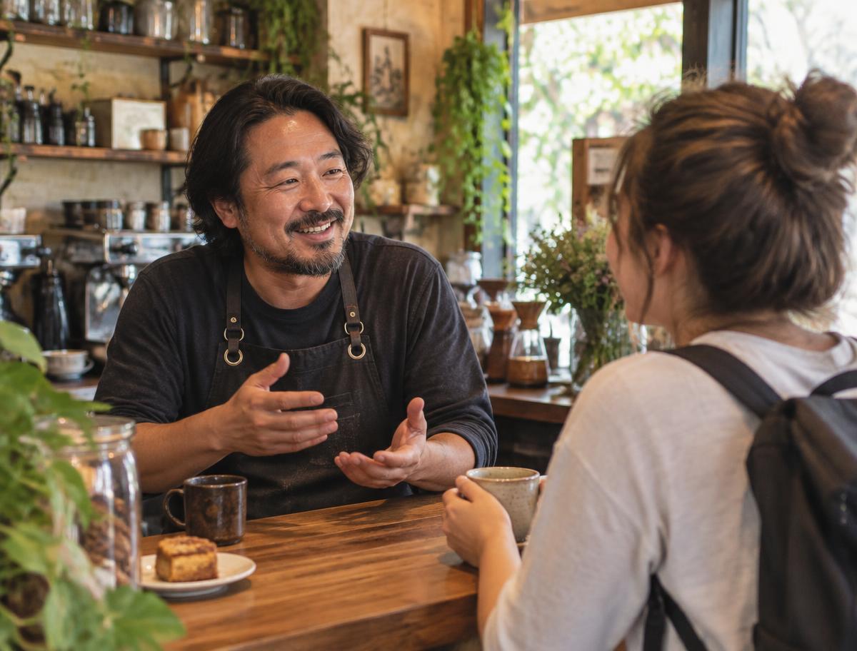 A local business owner speaking openly with a traveler