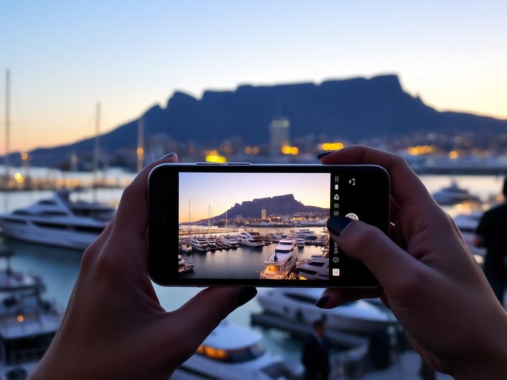Cape Town waterfront harbour with Table Mountain at dusk