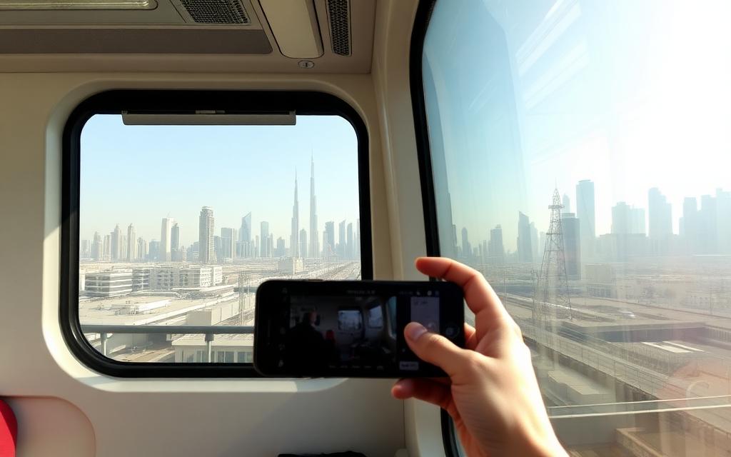 City skyline seen from inside a metro carriage