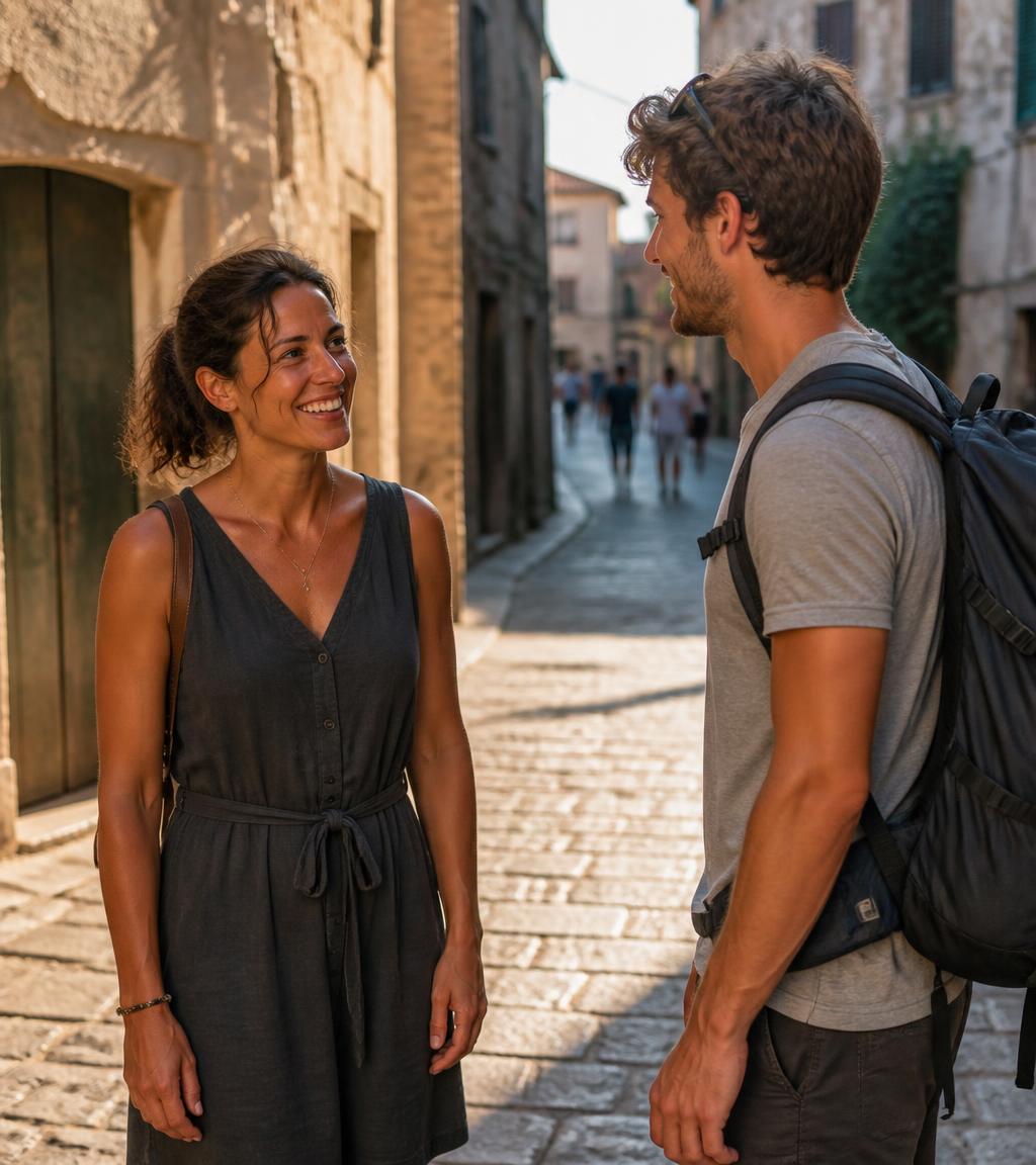 A local helping a traveler find the way on a sunny street