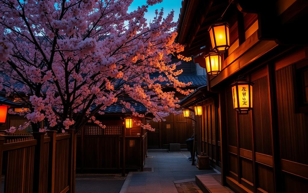 Wooden tea house alley in Kyoto