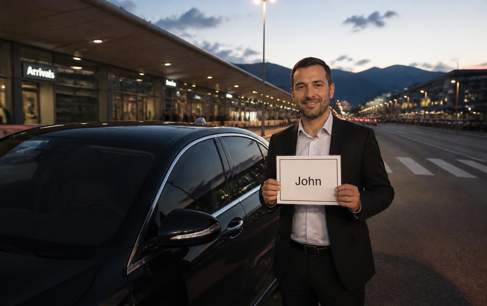 A local driver waiting outside the arrivals hall at dusk