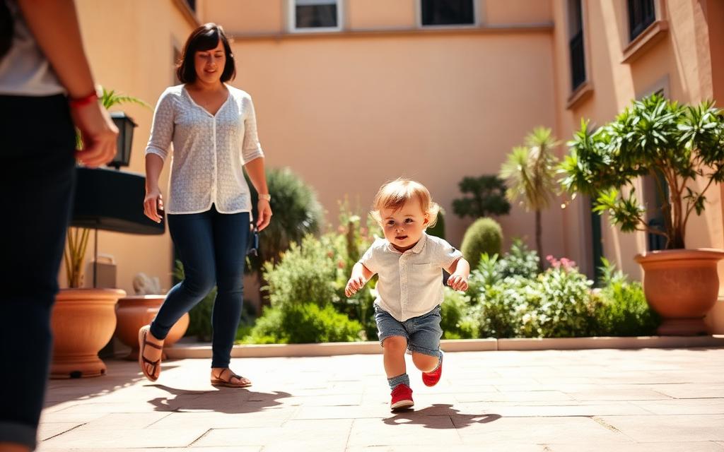 Toddler running in a sunny courtyard garden in Rome