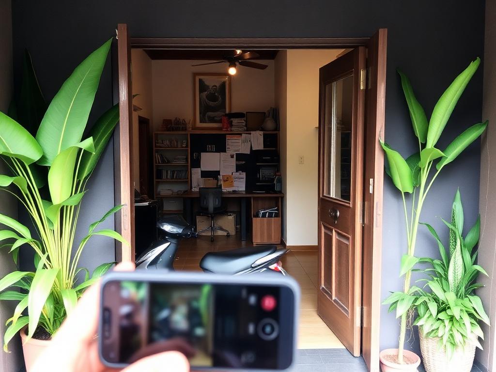 A small open-front office in Bali with a scooter parked outside