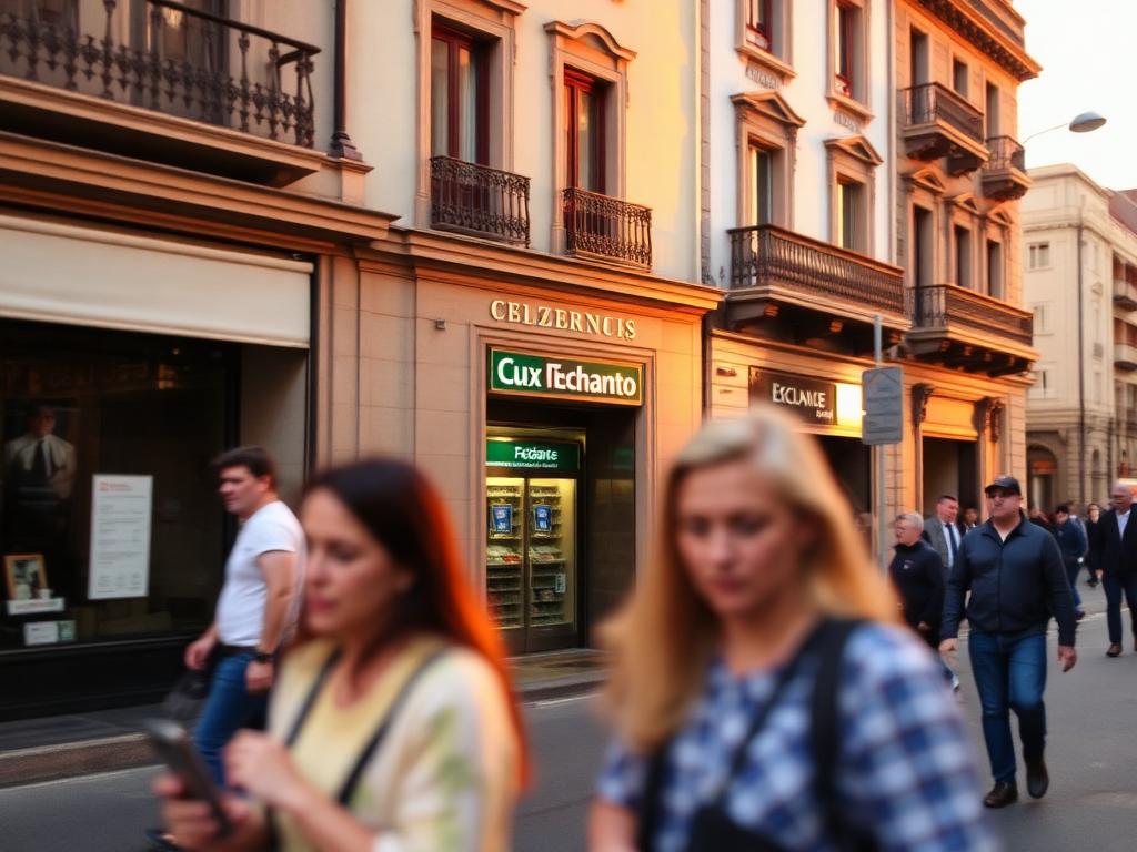 A Buenos Aires street at golden hour with a small exchange office