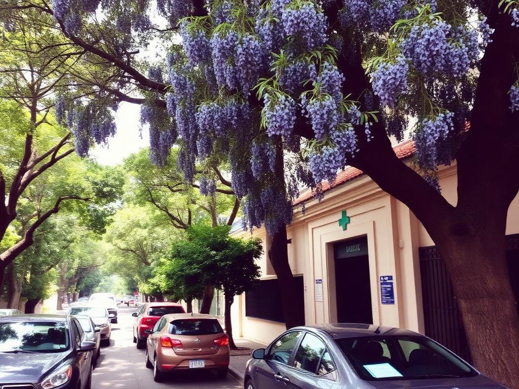 A leafy street in Mexico City with a small clinic doorway