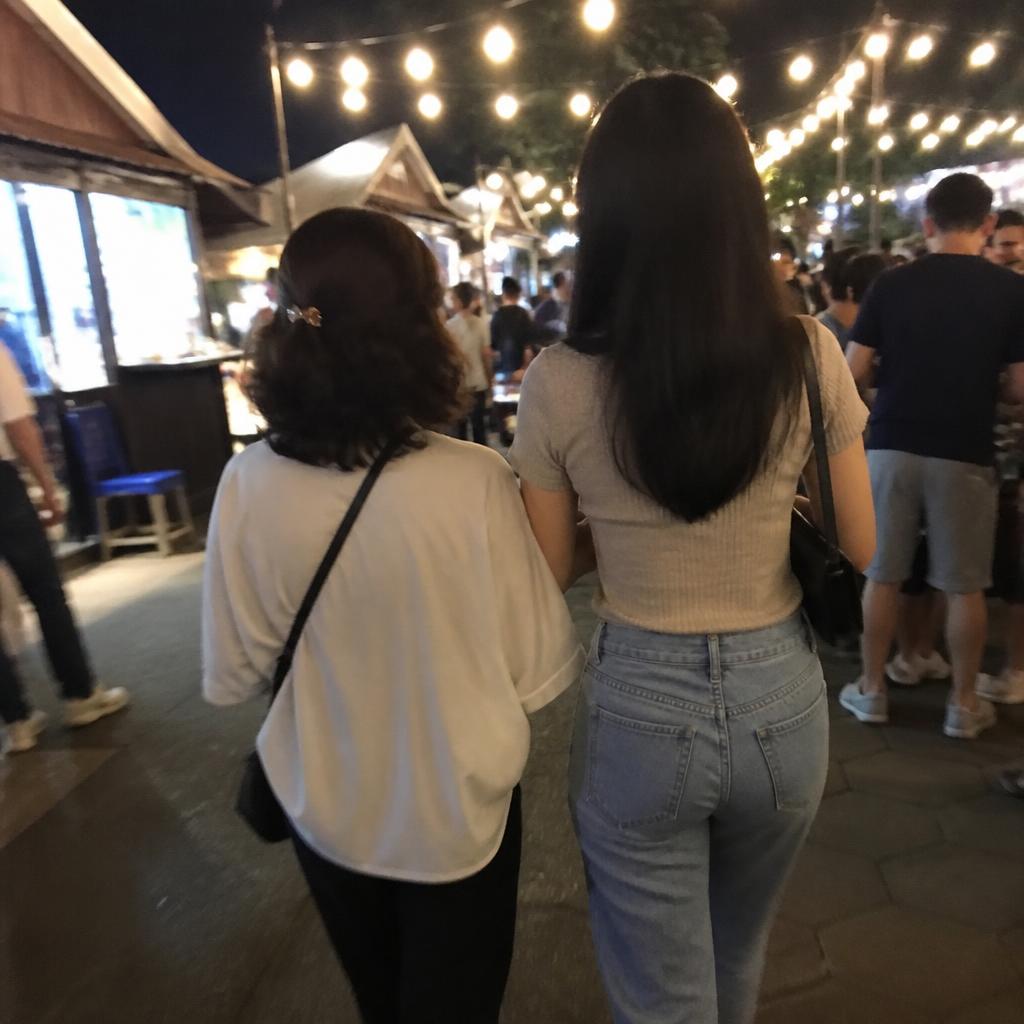 Two people walking through an evening street food festival