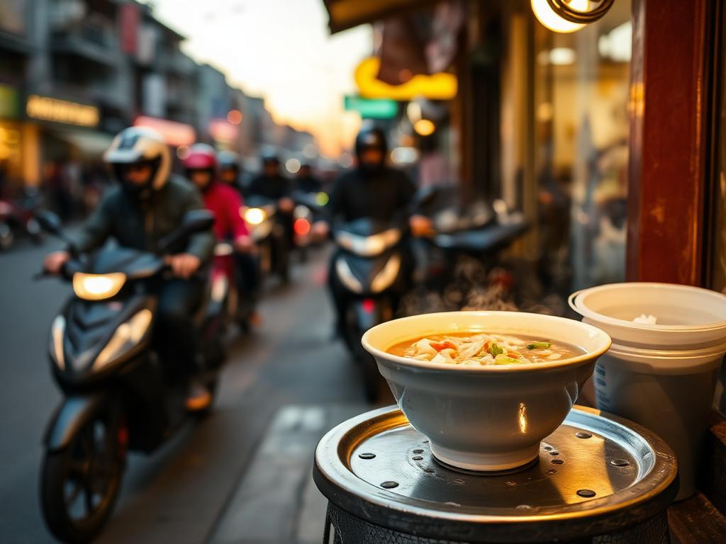A bowl of pho on a street stall table in Hanoi at dusk