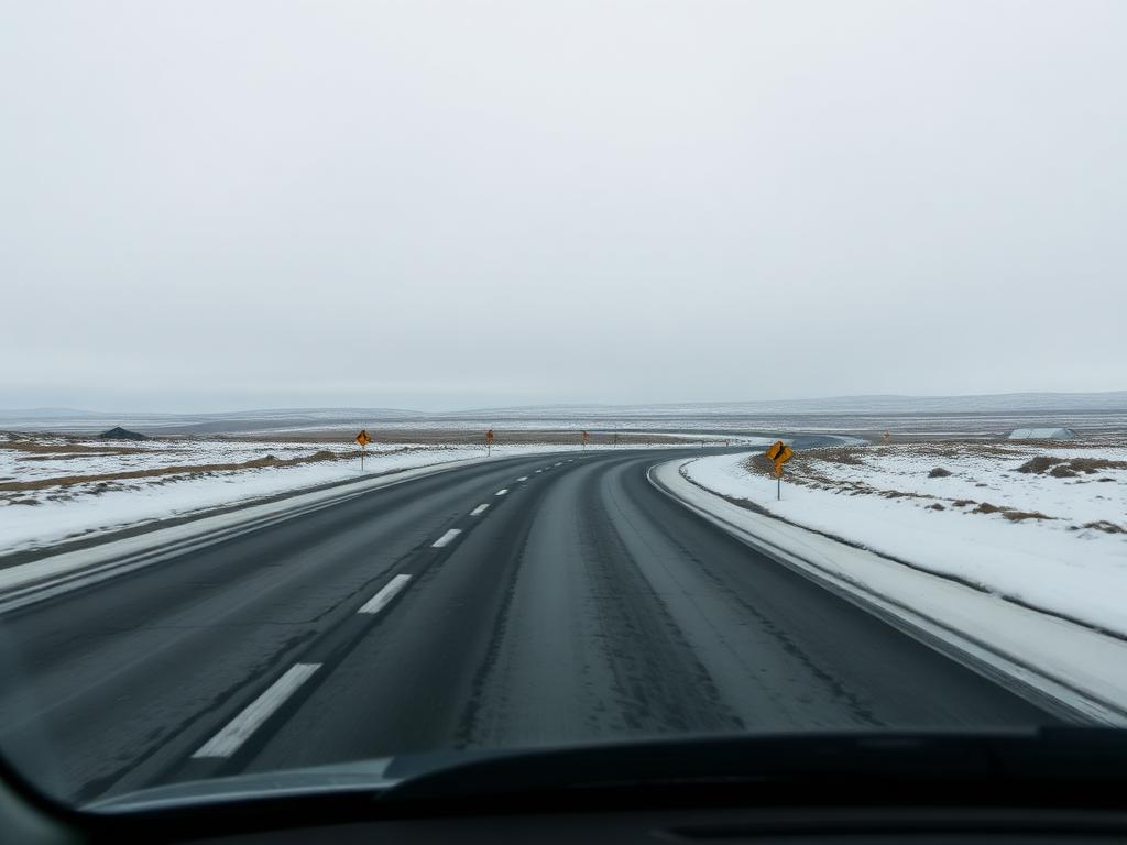 A snowy Icelandic road seen through a car windscreen