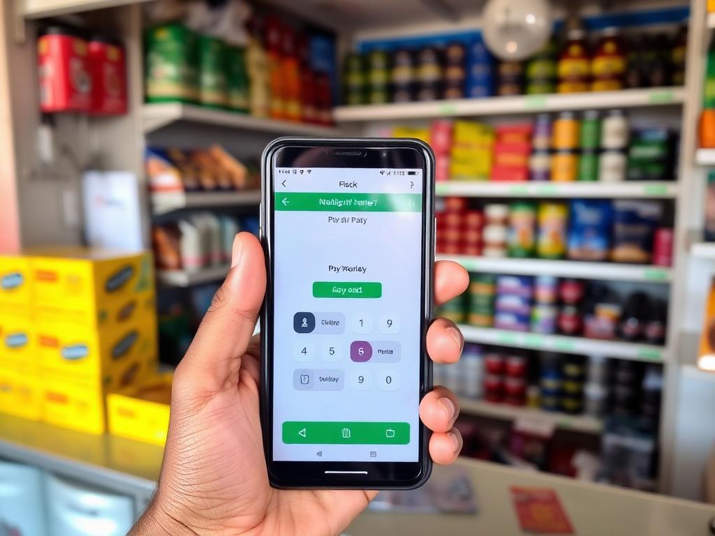 A hand holding a phone showing a mobile money payment at a shop counter