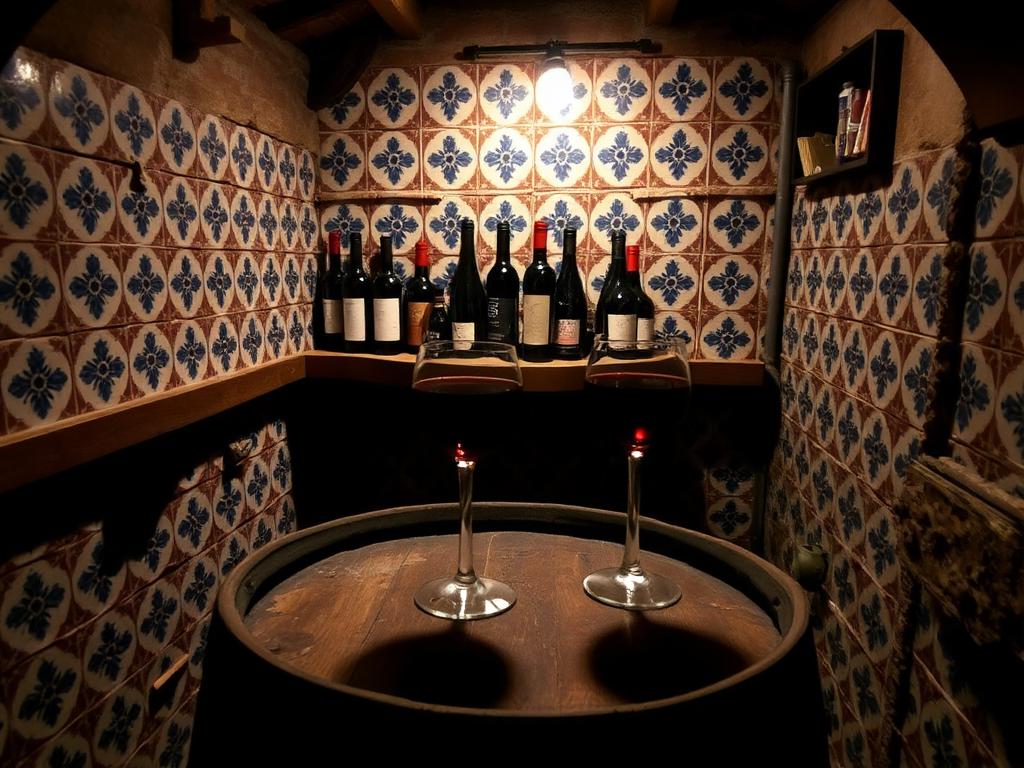 A small family wine cellar with tiled walls and two glasses on a barrel