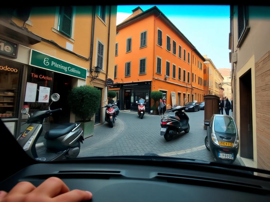A narrow Rome street with parked scooters seen from a car