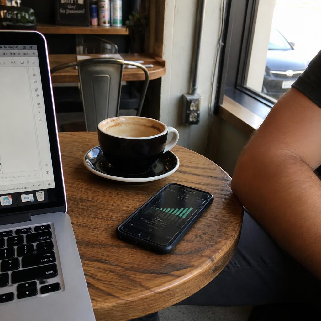 A person working on a laptop at a city cafe