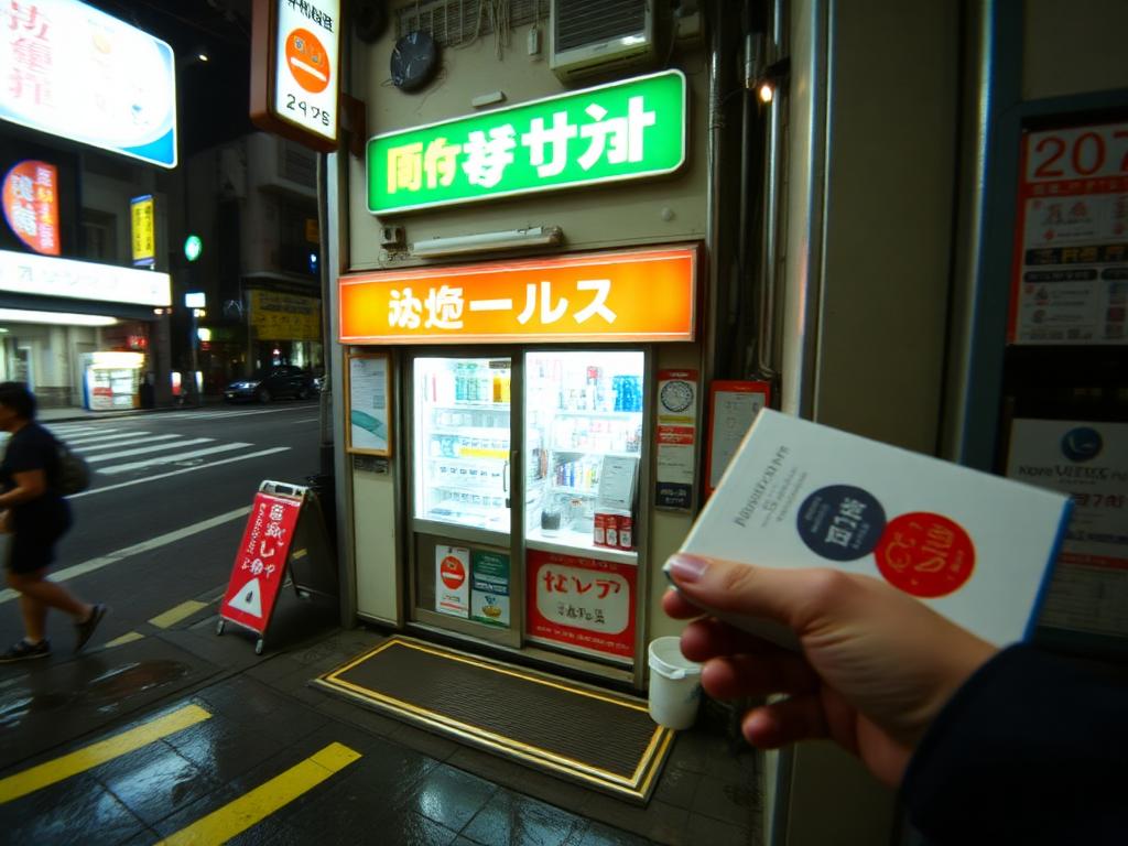 A brightly lit pharmacy on a Tokyo side street at night