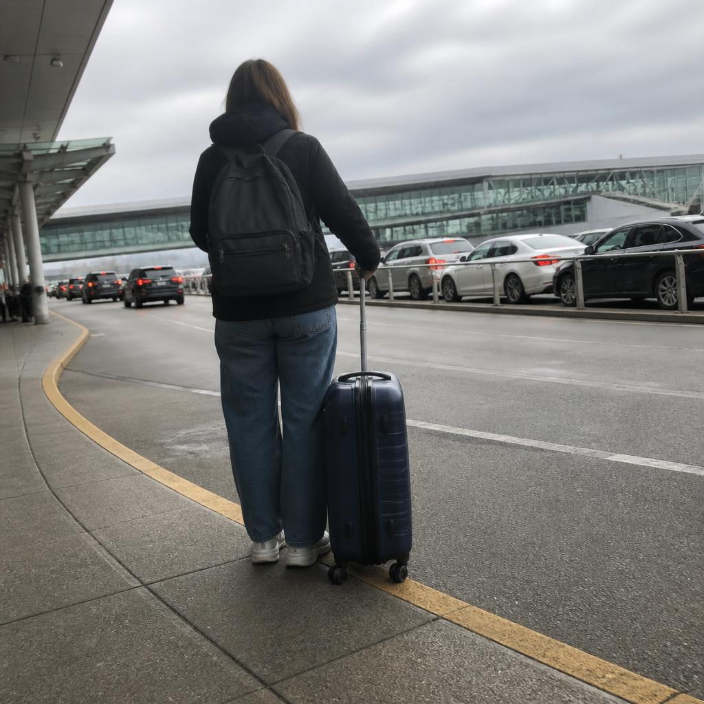 A traveller with a suitcase near an airport taxi sign