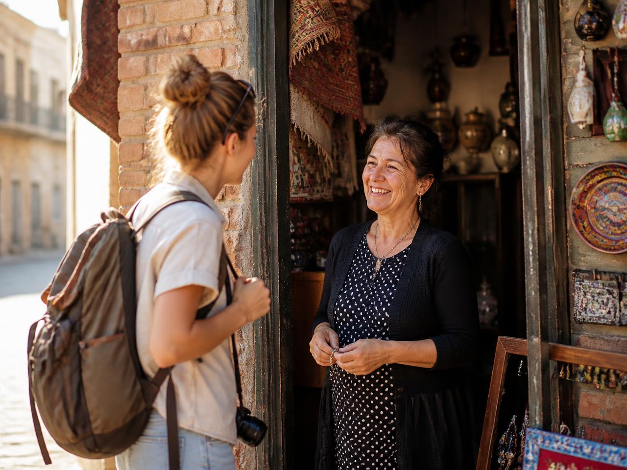 A traveller talking with a local shopkeeper